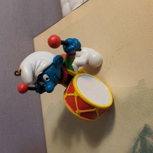 Vintage Smurf Drummer Figurine with Gold Cord